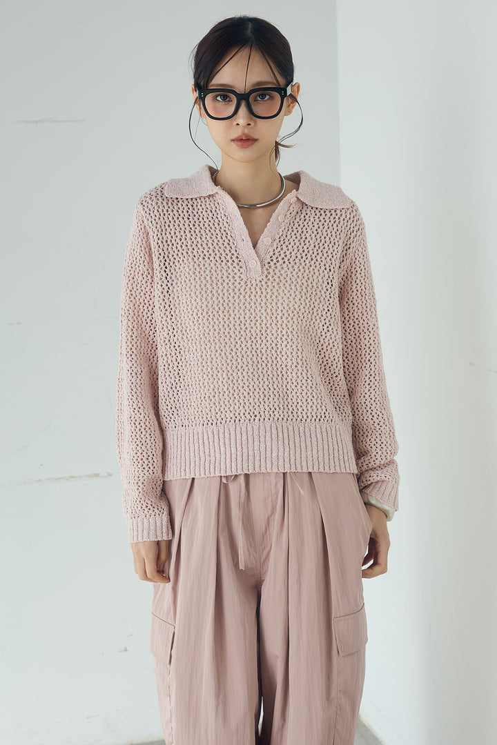 [SET]ミックスメッシュポロニット+麻混タックワイドパンツ(2set)