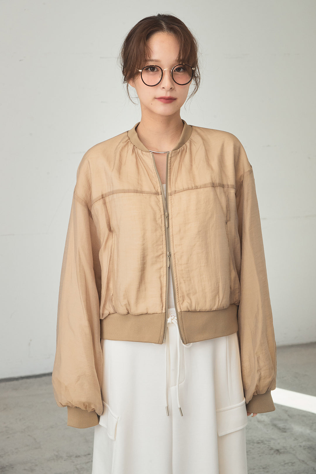 [SET]シアー×ポンチブルゾン+ストライプウエスト巻きジョガーパンツ(2set)