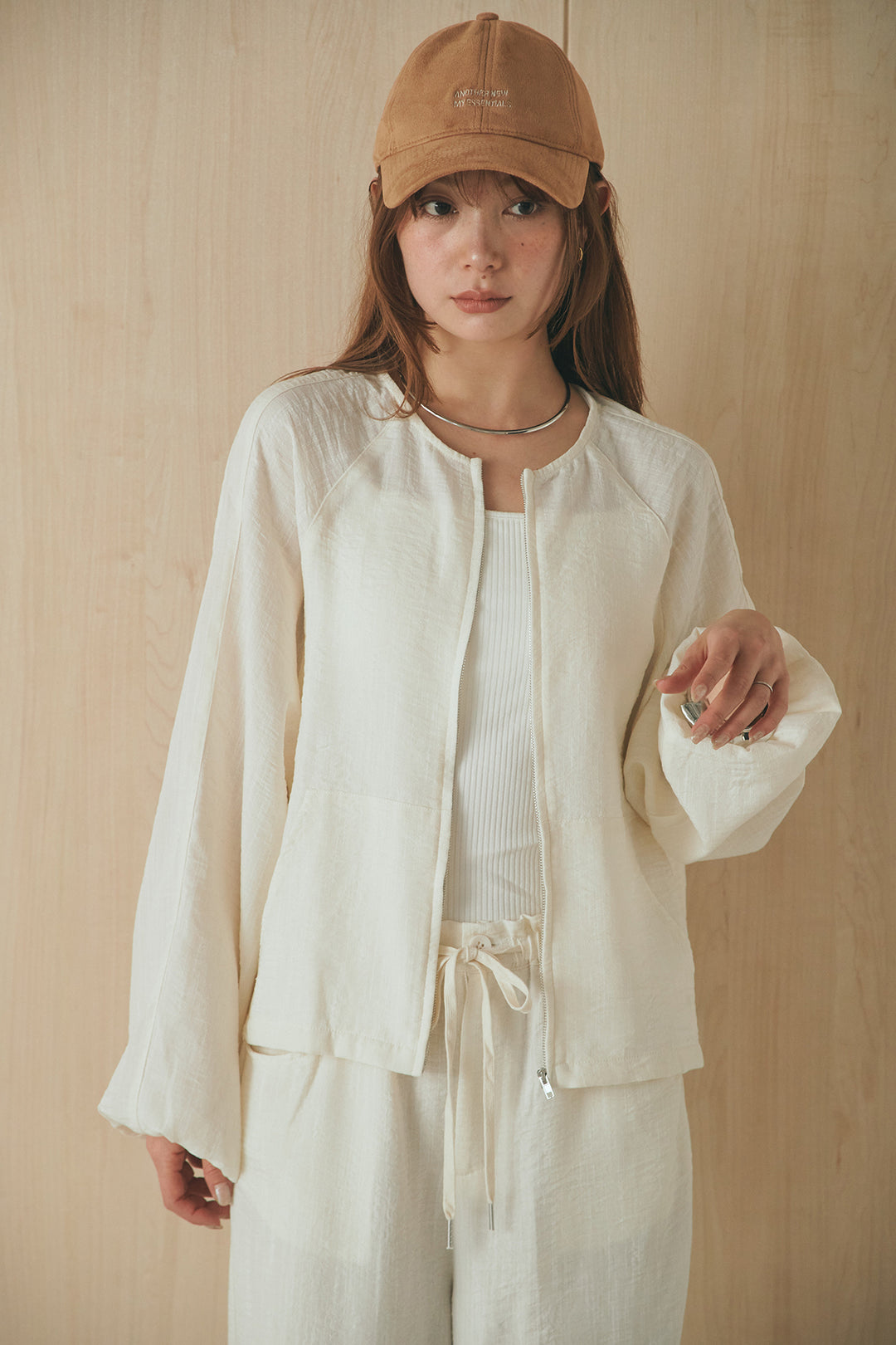 [SET]麻混ノーカラーブルゾン+麻混ウエストドロストパンツ(2set)