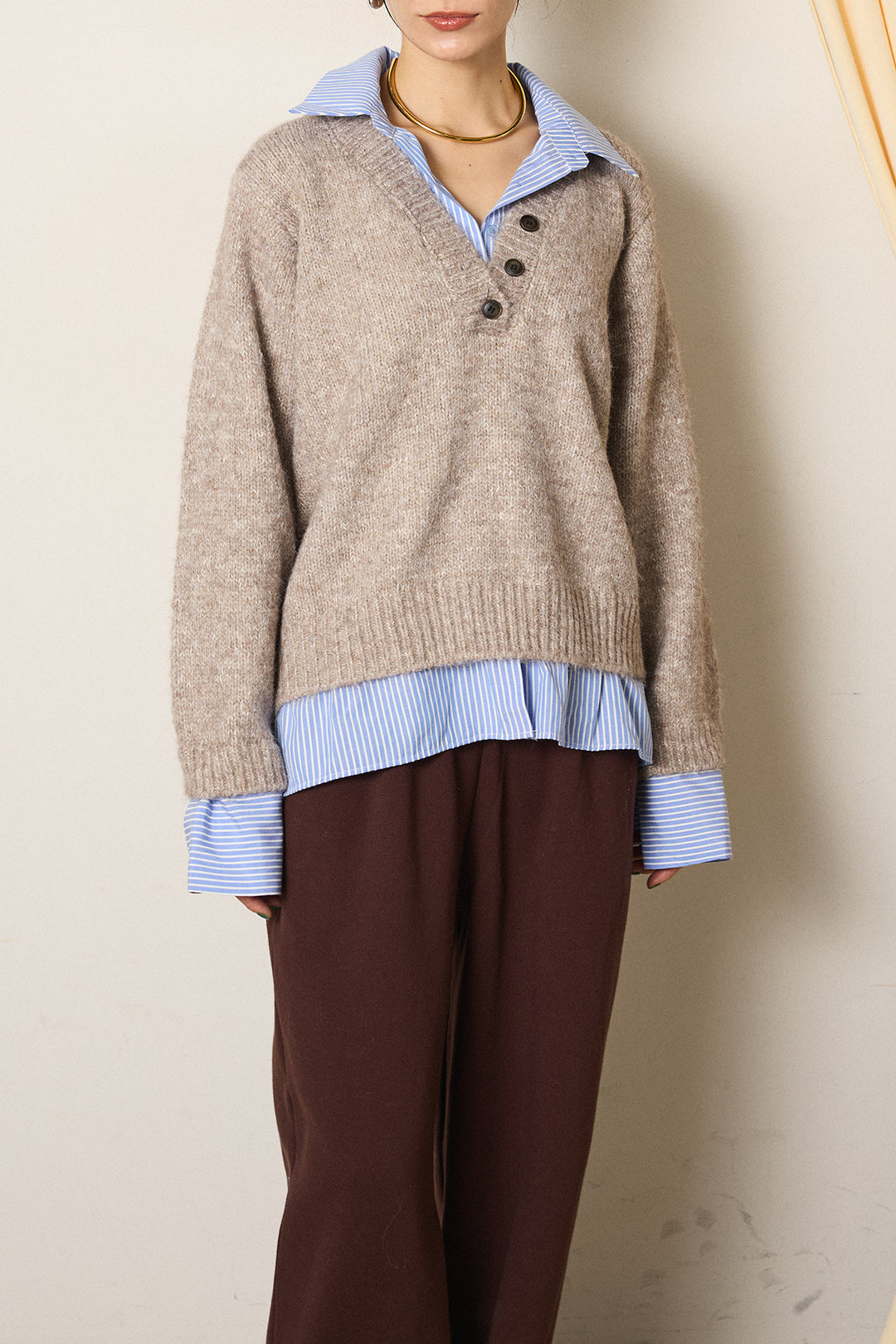 [SET]ストライプシャツドッキングニットポロトップス+デニムロングフレアスカート(2set)