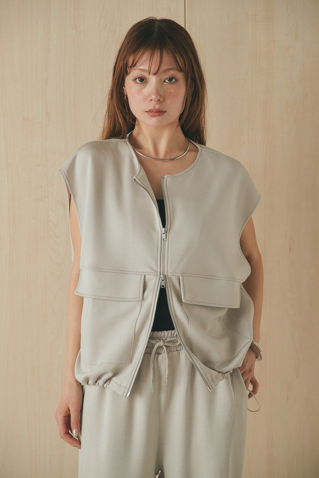 [SET]ボンディング生地ジップベスト+ボンディング生地コクーンパンツ(2set)