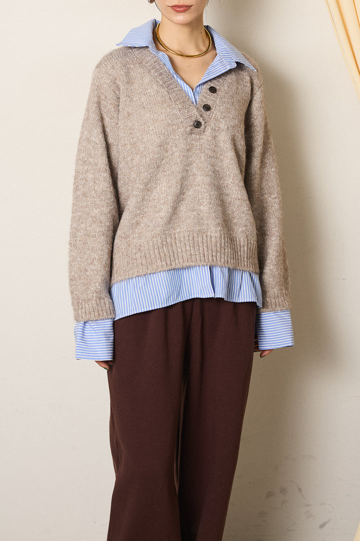 [SET]ストライプシャツドッキングニットポロトップス+ベルト付きレザーライクタックパンツ(2set)