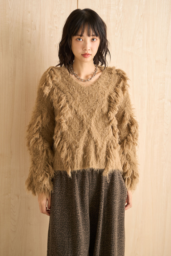 ランダムロングシャギーVネックニット