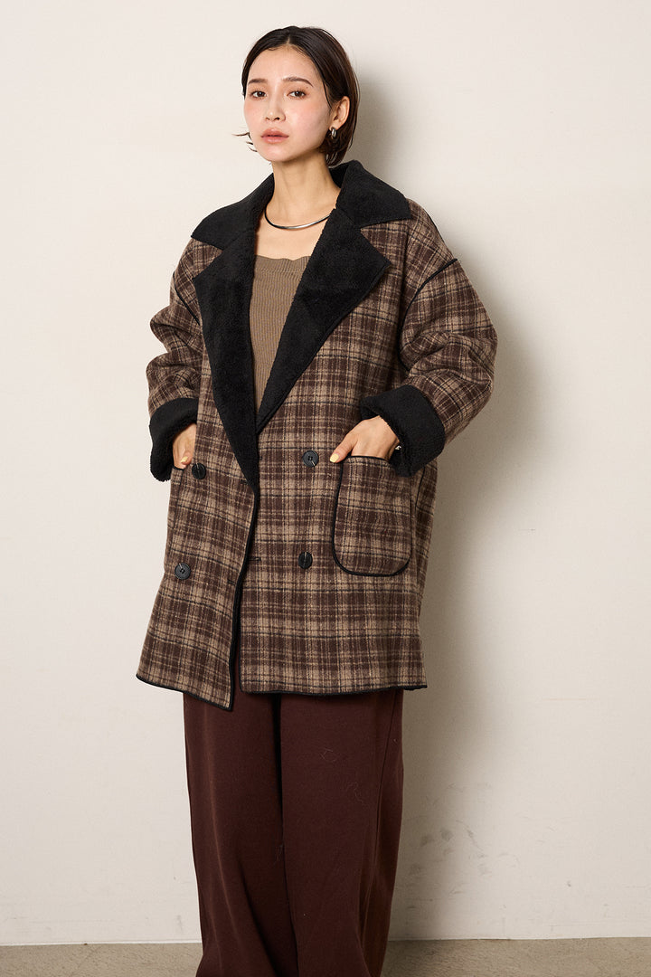 [SET]裏地ボアタータンチェック柄ミディアムコート+裏起毛スウェットワイドパンツ(2set)