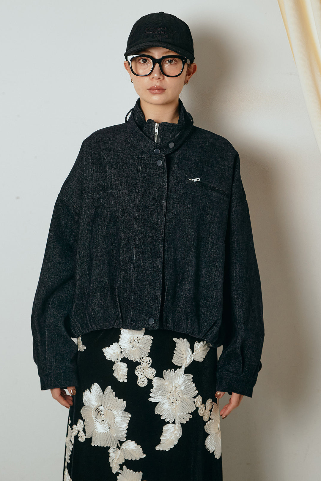 [SET]デニム調ハイネックブルゾン+ひげレース切替ロング丈スカート(2set)