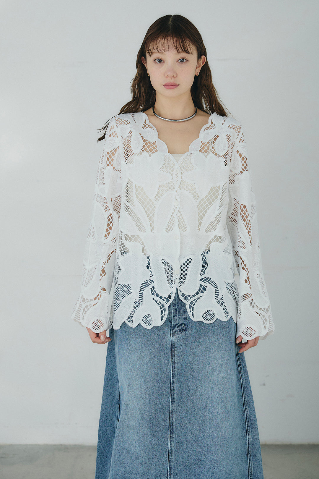 [SET]フラワー刺繍レースブラウス+デニムロングフレアスカート(2set)