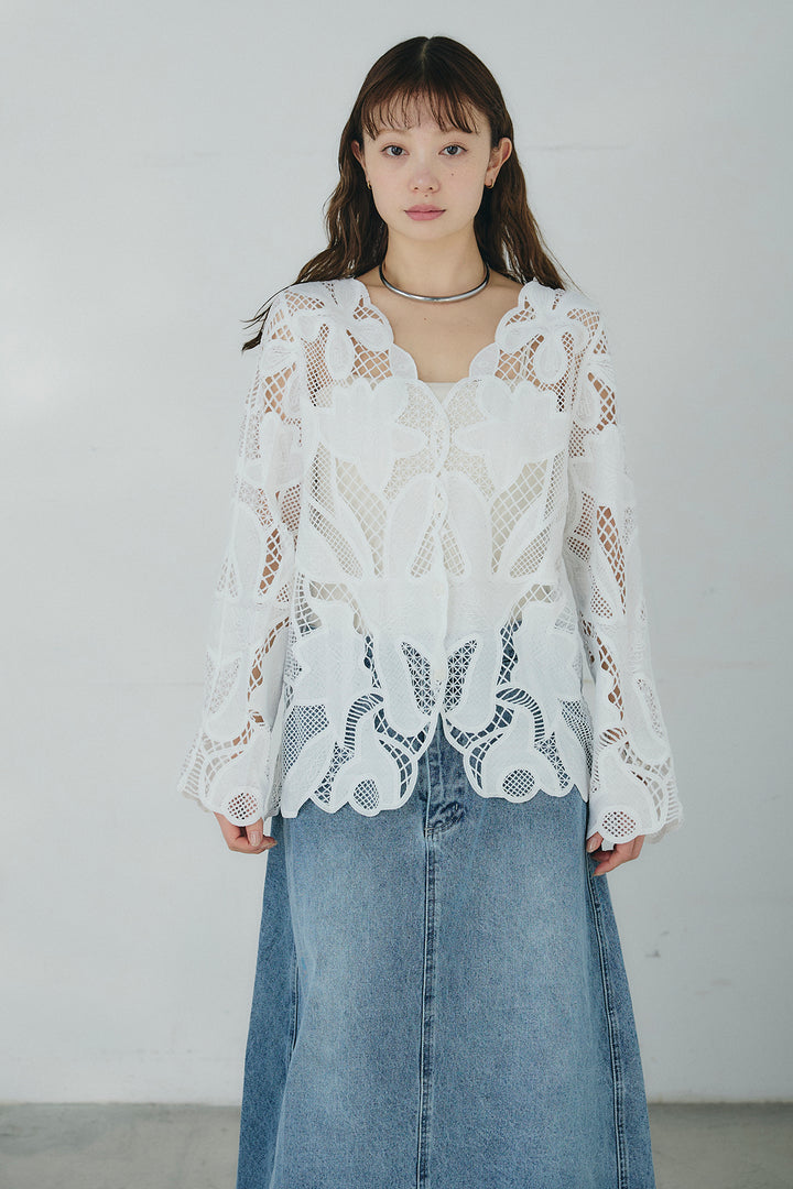 [SET]フラワー刺繍レースブラウス+デニムロングフレアスカート(2set)