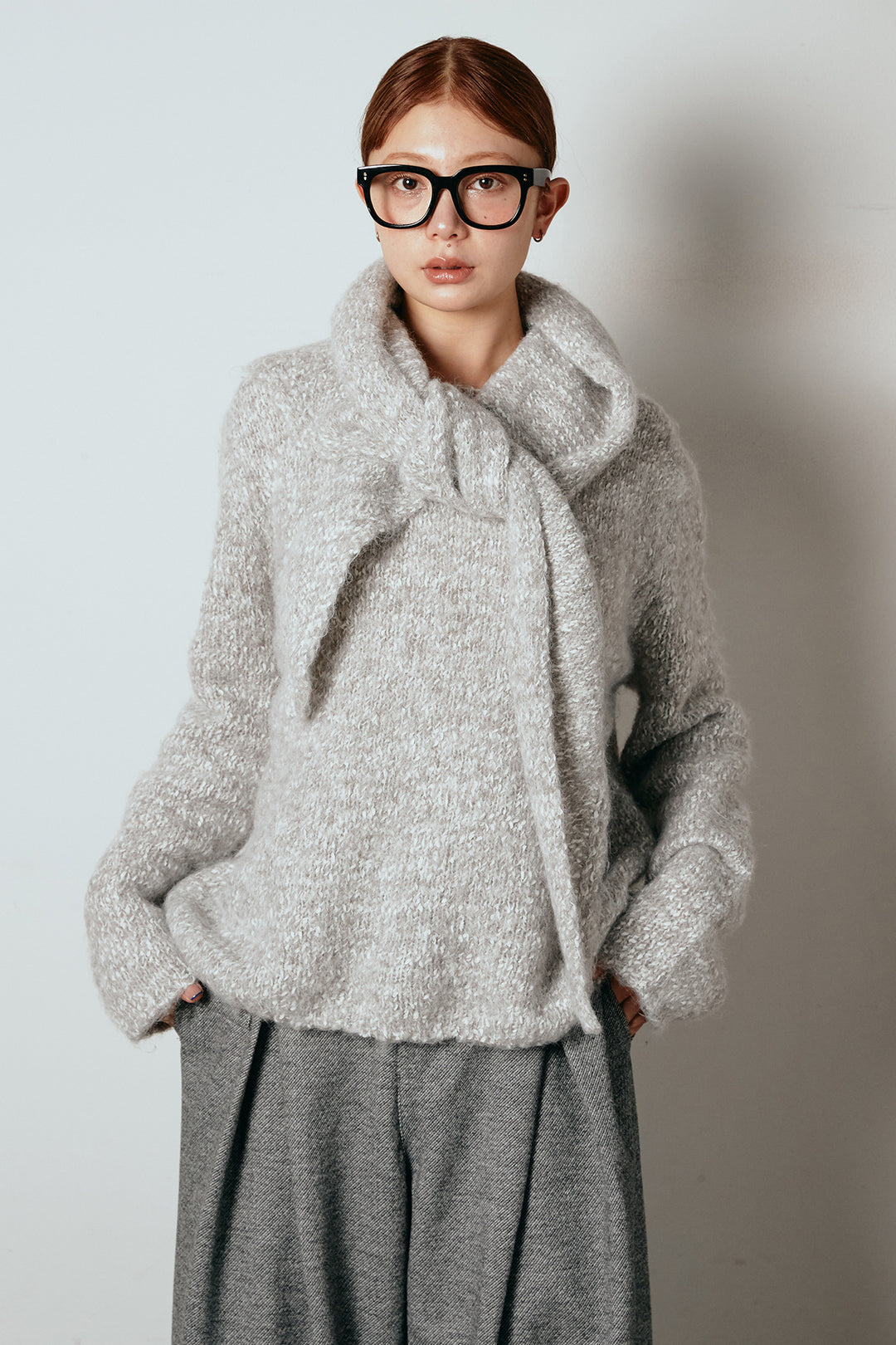 [SET]スカーフ付きミックスニットトップス+細ベルト付き起毛タックワイドパンツ(2set)