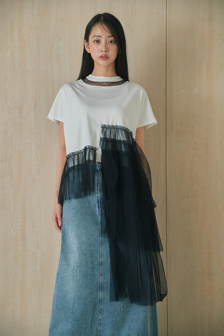 [SET]アシンメトリーチュールフリルTシャツ+デニムロングフレアスカート(2set)
