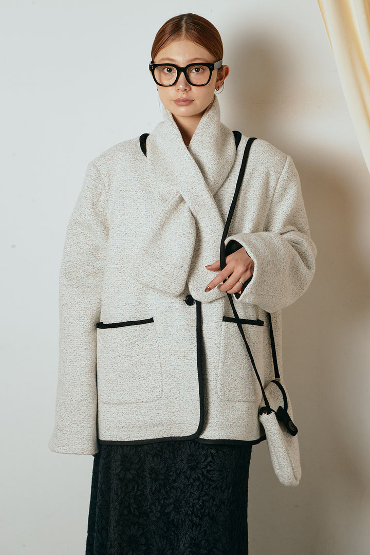 [SET]ノーカラーマフラーバッグ付きアウター+花柄刺繍ベロアフレアスカート(2set)