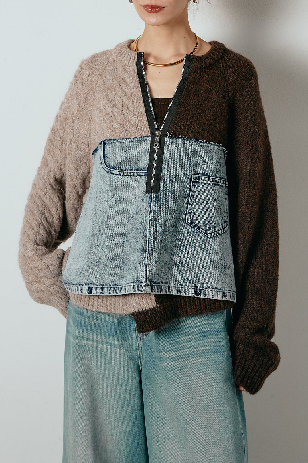 [SET]ハーフジップニットデニムドッキングトップス+裏起毛スウェットワイドパンツ(2set)