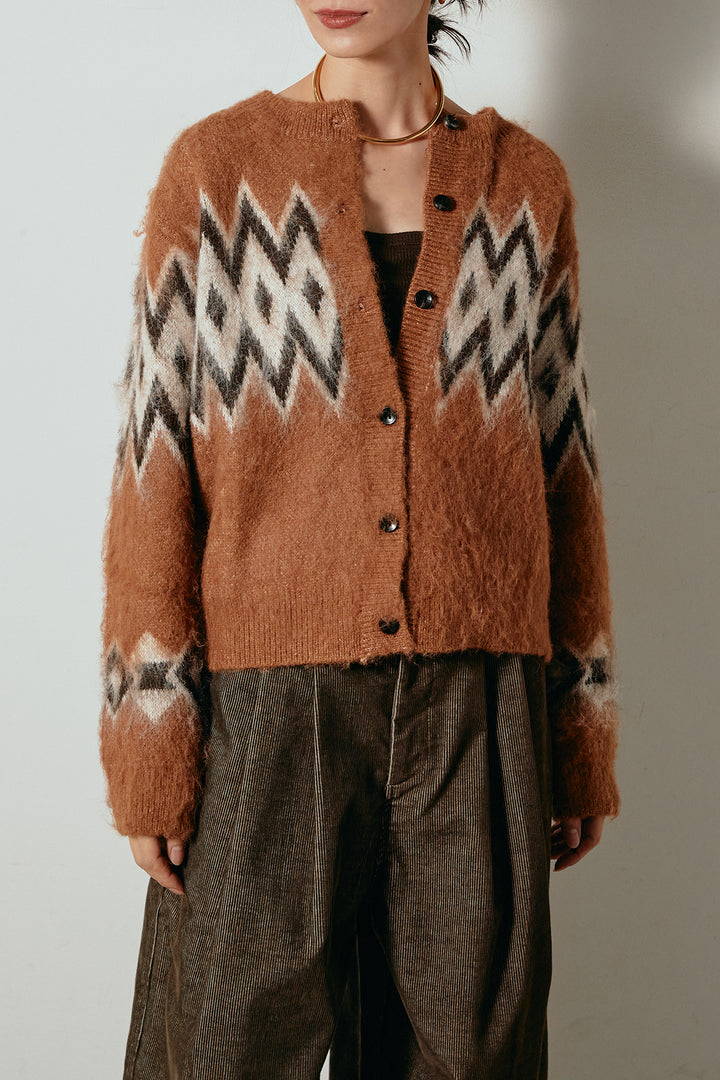 [SET]起毛ノルディック柄ニットカーディガン+ワイドツイルサロペット(2set)