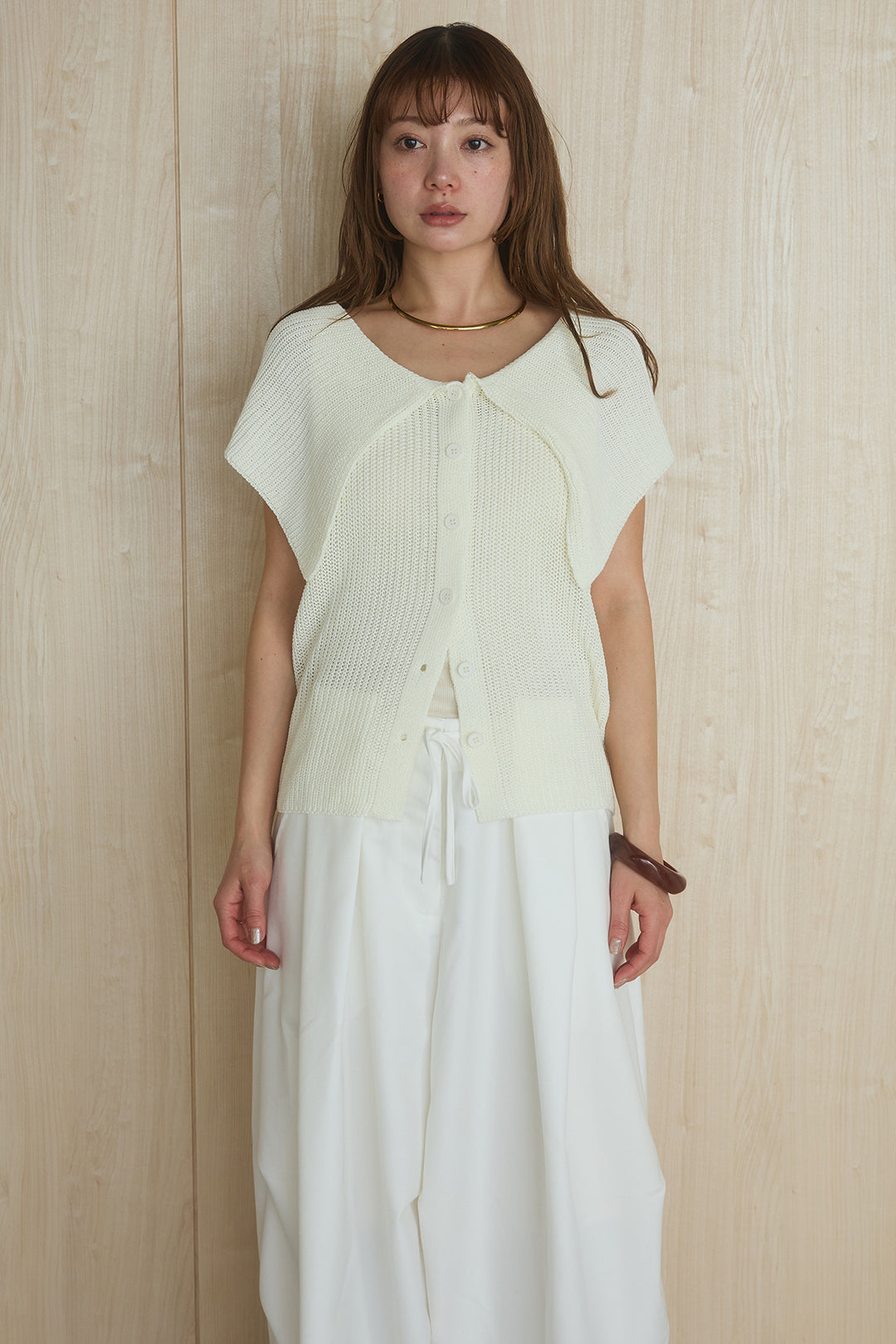 [SET]ビッグカラーボタンニットトップス+ベルト付きカラーデニムパンツ(2set)