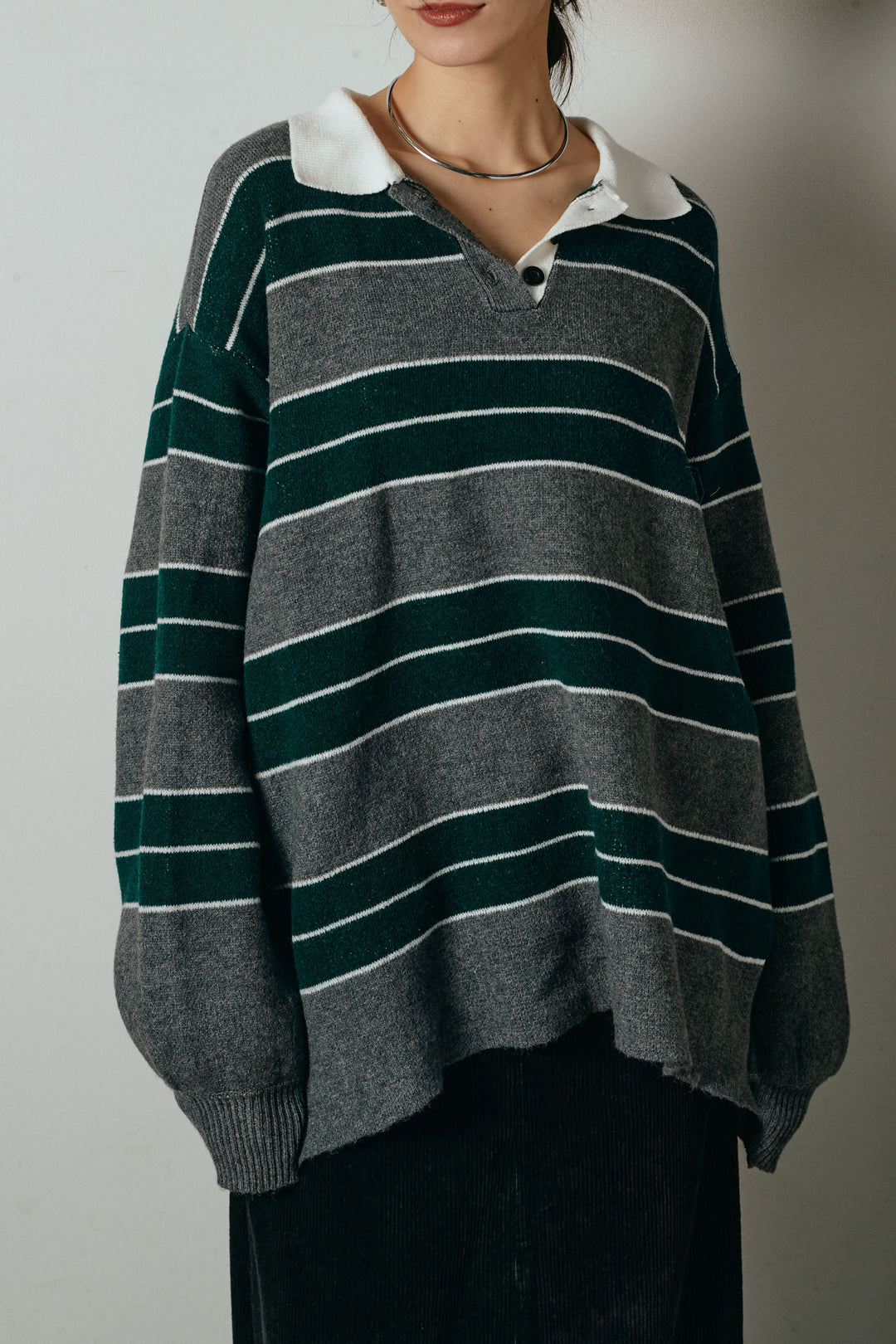 [SET]ラガーニットボーダーポロプルオーバー+ポーチベルト付きコーデュロイワイドスカート(2set)