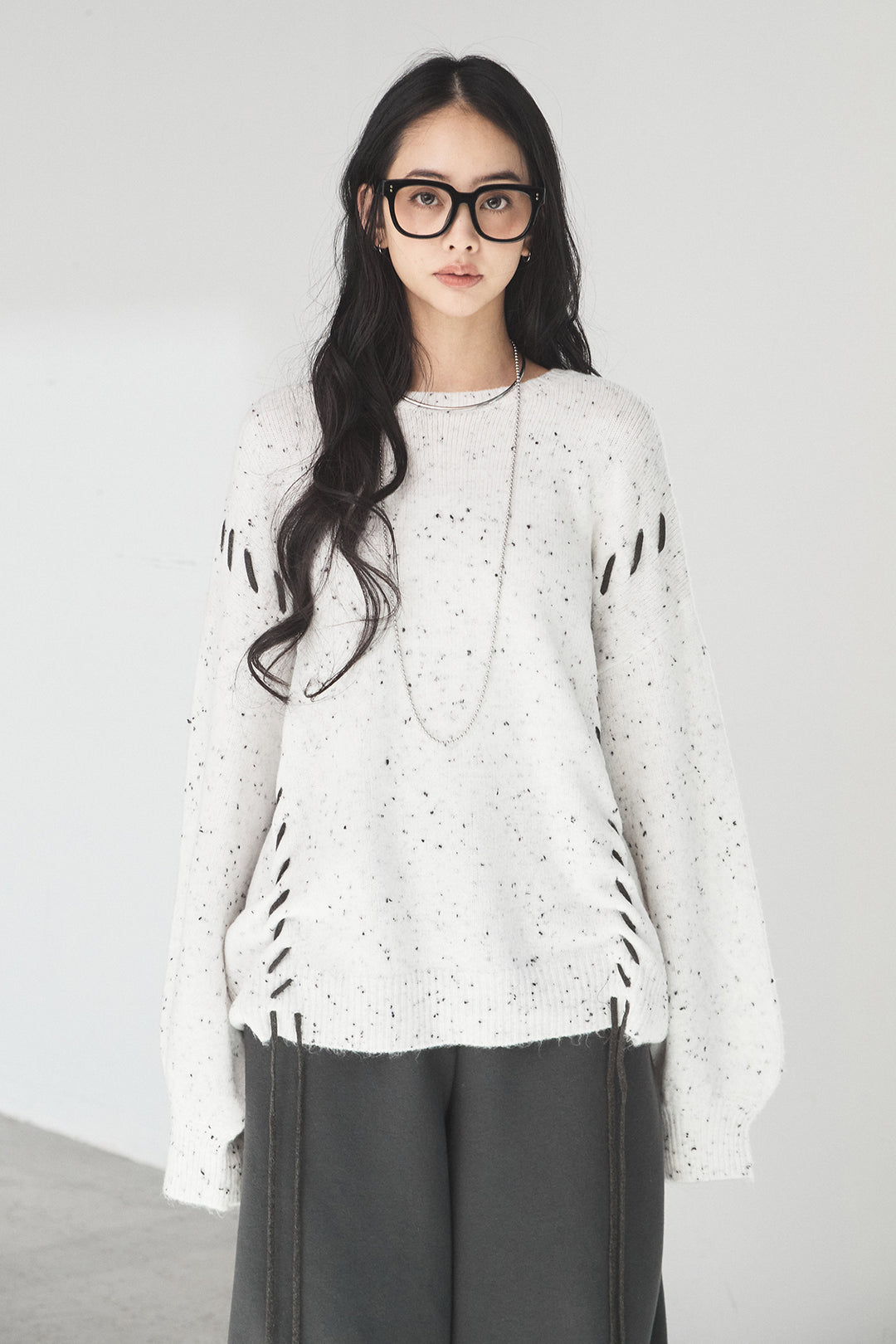 ネップ編み上げニットトップス