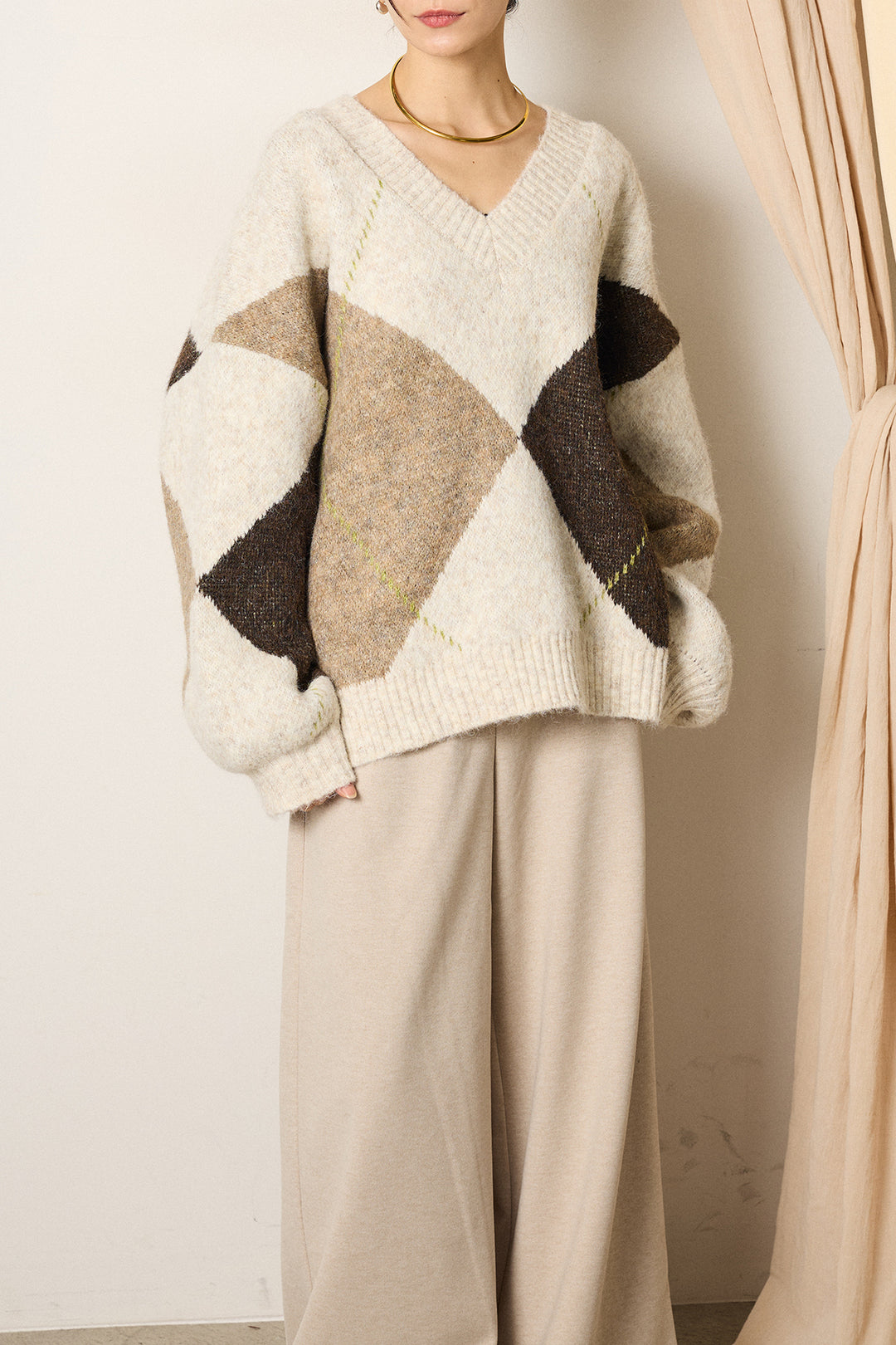 【着回しセット】[SET]ルーズアーガイルVネックニット+ルーズアーガイルVネックニット(2set)