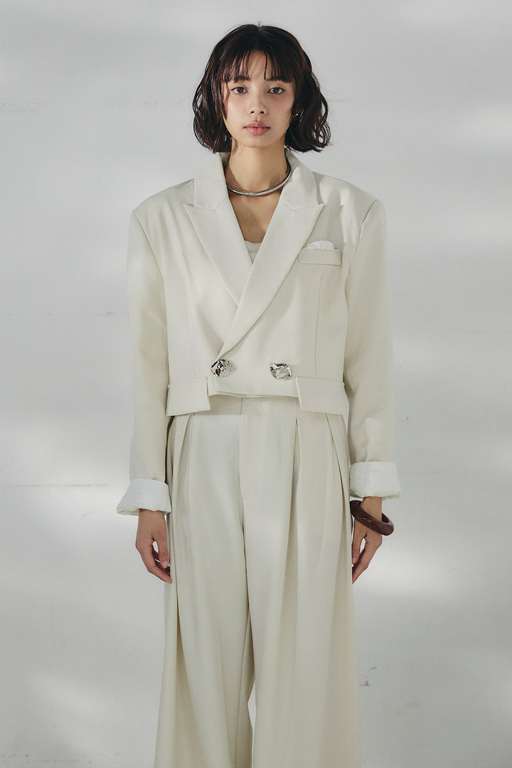 [SET]メタルプレートショート丈ジャケット+メタルプレートタックワイドパンツ(2set)