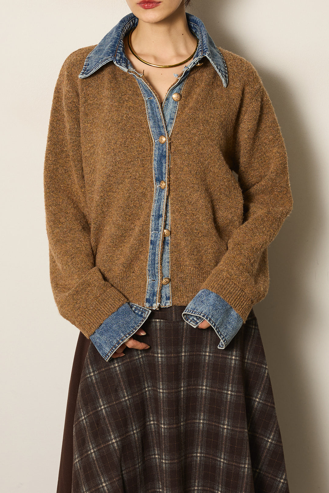 [SET]ニットドッキングデニムシャツ+フェイクレザーサイドベルトワイドパンツ(2set)