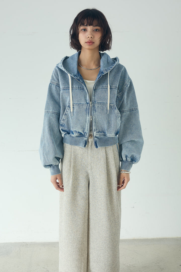[SET]デニムダブルジップパーカーブルゾン+レイヤード見えヘンリーネックロングワンピース(2set)