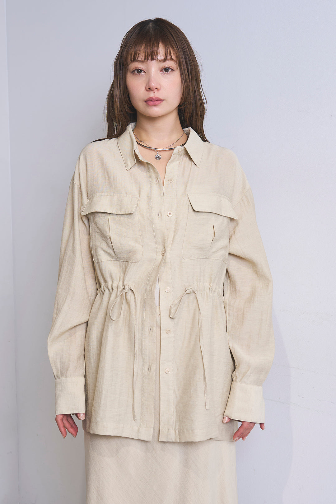 [SET]リネンブレンドシアーサファリシャツ+アートペイント柄スカート(2set)