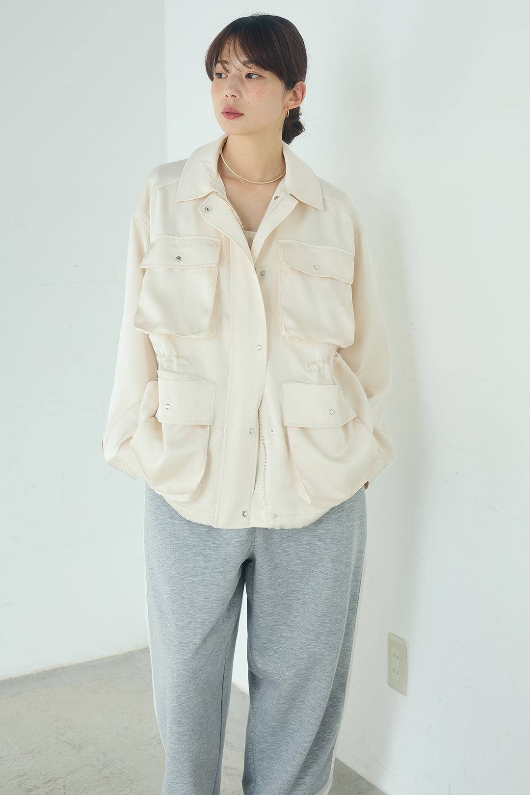 [SET]サテンライトブルゾン+異素材切り替えスウェットパンツ(2set)