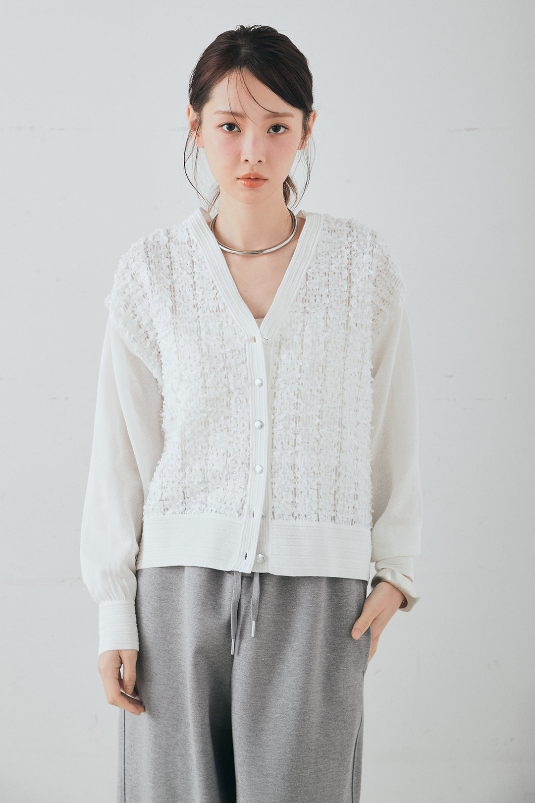 [SET]モコレースVネックカーディガン+太ベルト付きフロントタックパンツ(2set)