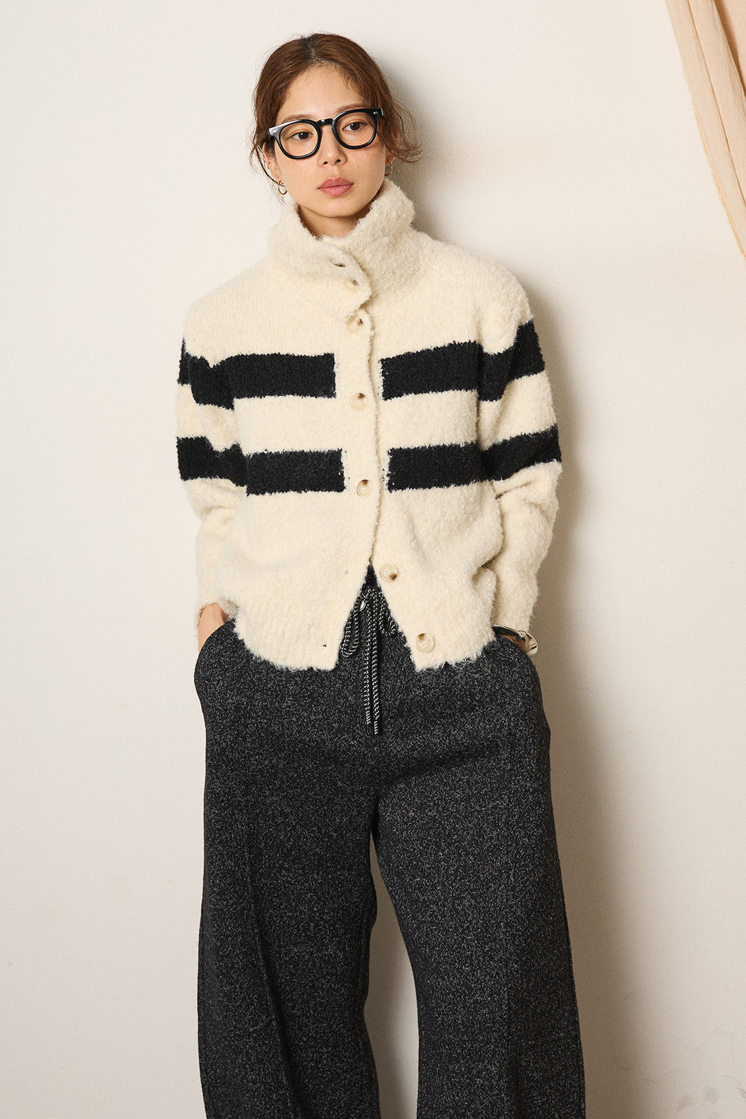 [SET]ハイネックボーダーニットカーディガン+杢ニットフレアパンツ(2set)