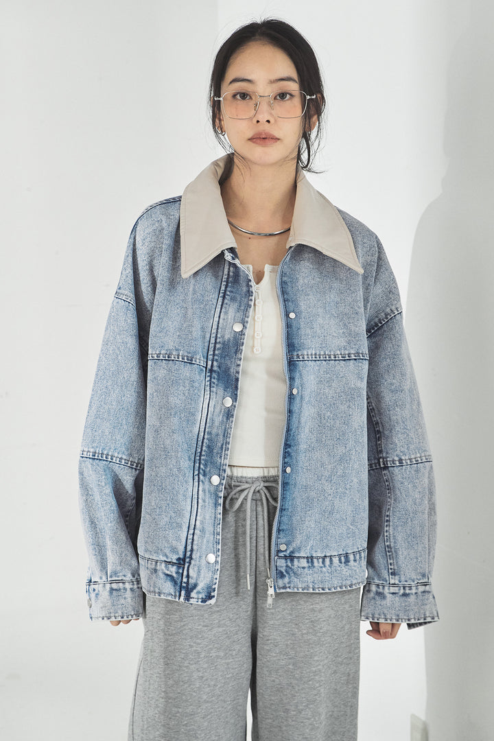 加工デニムレザー襟付きデニムブルゾン