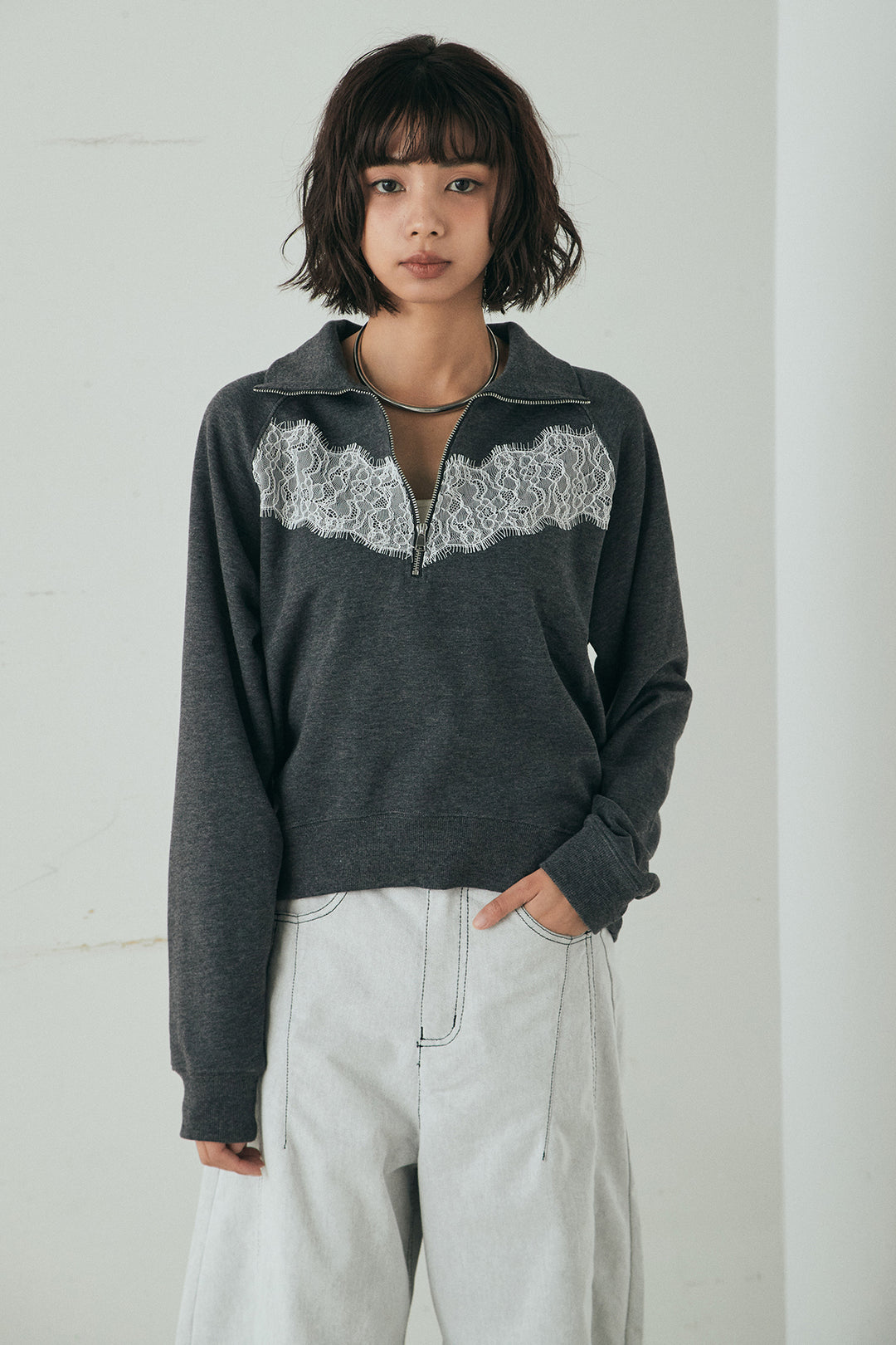 [SET]リバーレースハーフジップ裏毛スウェット+ベルト付きタックデザインハイウエストロングパンツ(2set)