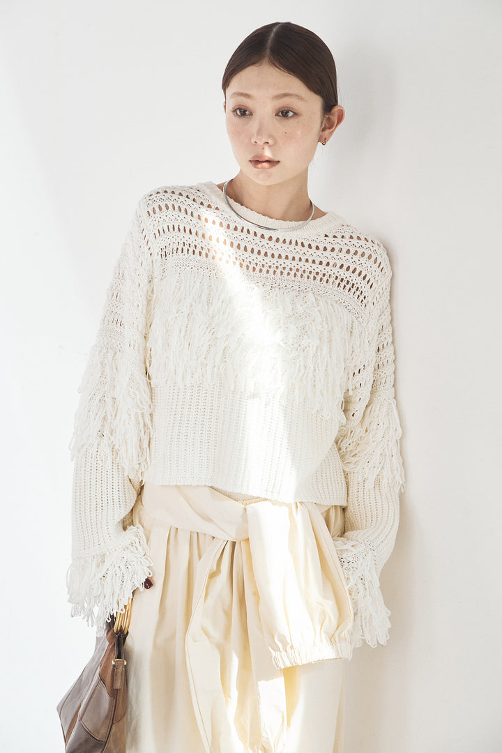 [SET]メッシュフリンジ切り替えプルオーバー+合繊ツイルスタンドウエスト巻きジョガーパンツ(2set)