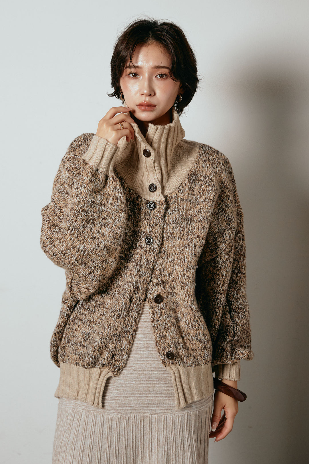 [SET]ハイネックミックスニットカーディガン+フロントタック入りコーデュロイパンツ(2set)