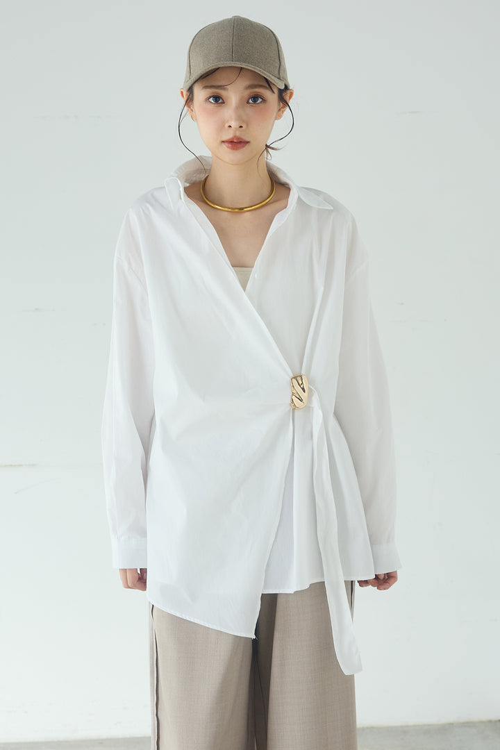 [SET]サイド留め具デザインシャツ+デニムレース付きワイドパンツ(2set)