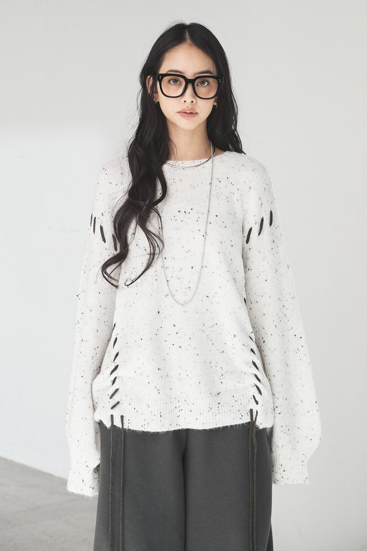 [SET]ネップ編み上げニットトップス+裏起毛スウェットワイドパンツ(2set)