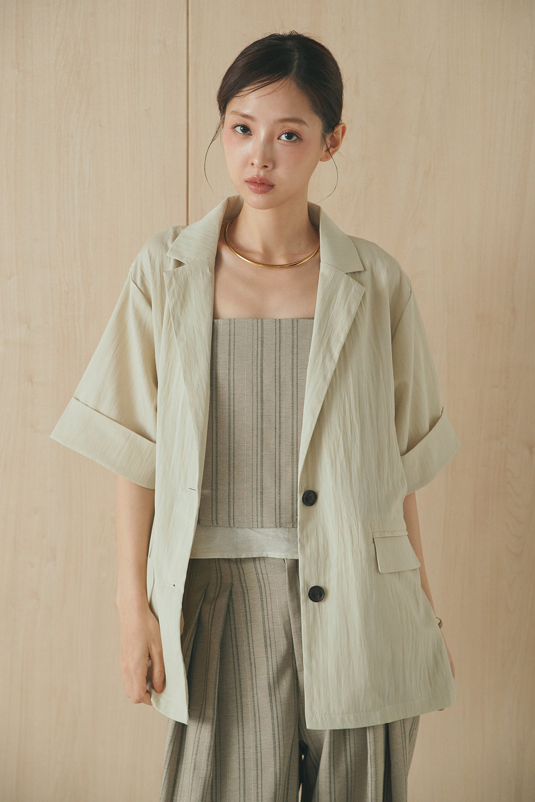 [SET]リネンストライプレイヤードキャミ+リネンストライプタックワイドパンツ(2set)