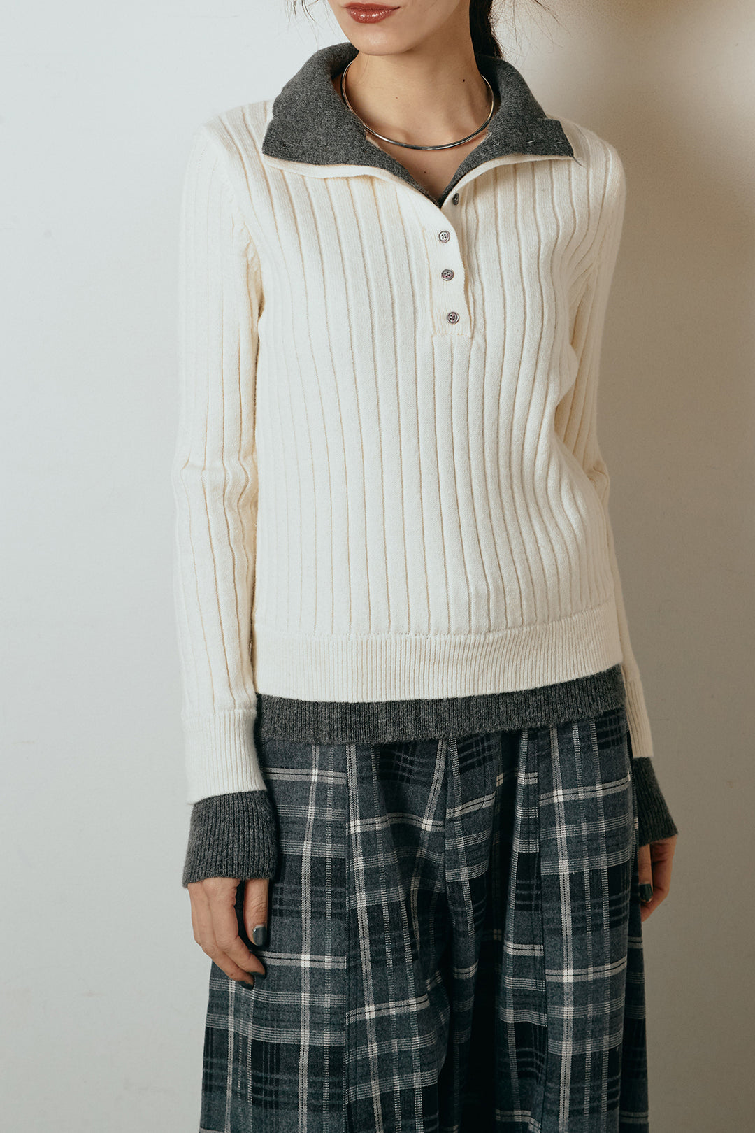 [SET]レイヤード風リブニットトップス+ベルト付きタータンチェックカーブワイドパンツ(2set)