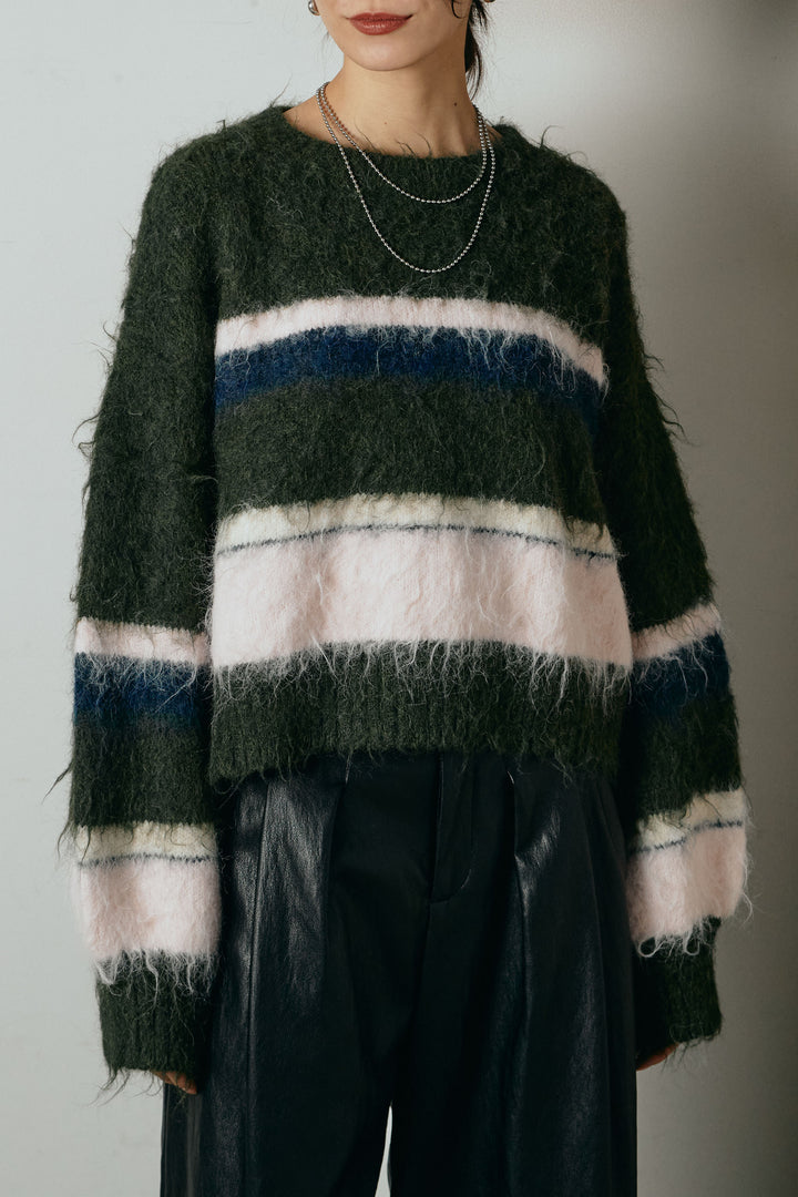 [SET]起毛配色マルチボーダーニットトップス+太ベルト付きヘリンボーンプリーツスカート(2set)