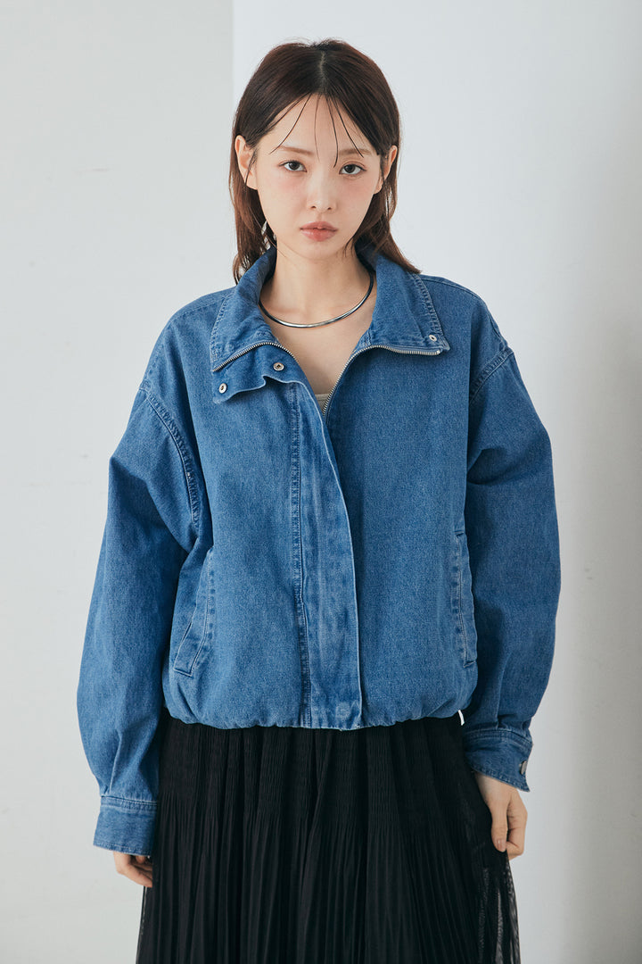 [SET]スタンドカラーデニムブルゾンジャケット+レースチェックワイドイージーパンツ(2set)