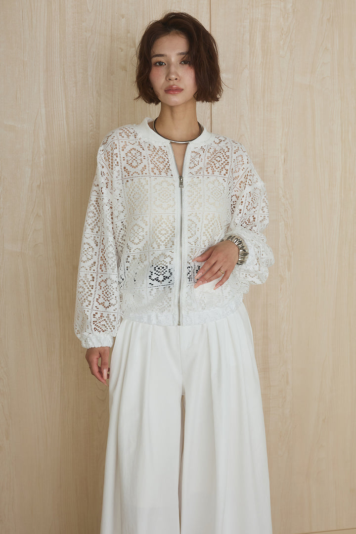 [SET]幾何レースブルゾン+ベルト付きビックループワイドパンツ(2set)