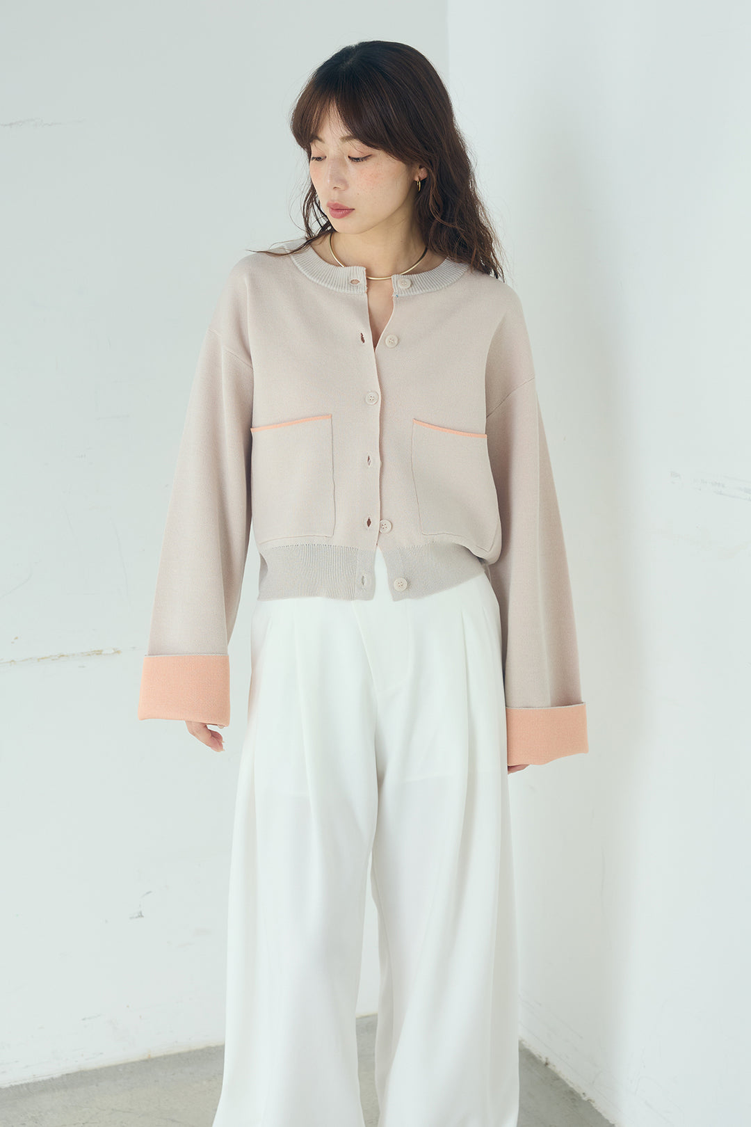 [SET]レーヨンポリダブルフェイスカーディガン+レース刺繍切替ワイドパンツ(2set)