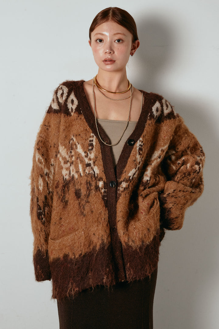 [SET]シャギーニュアンス柄ニットカーディガン+裾透かし編みキャミソールニットワンピース(2set)