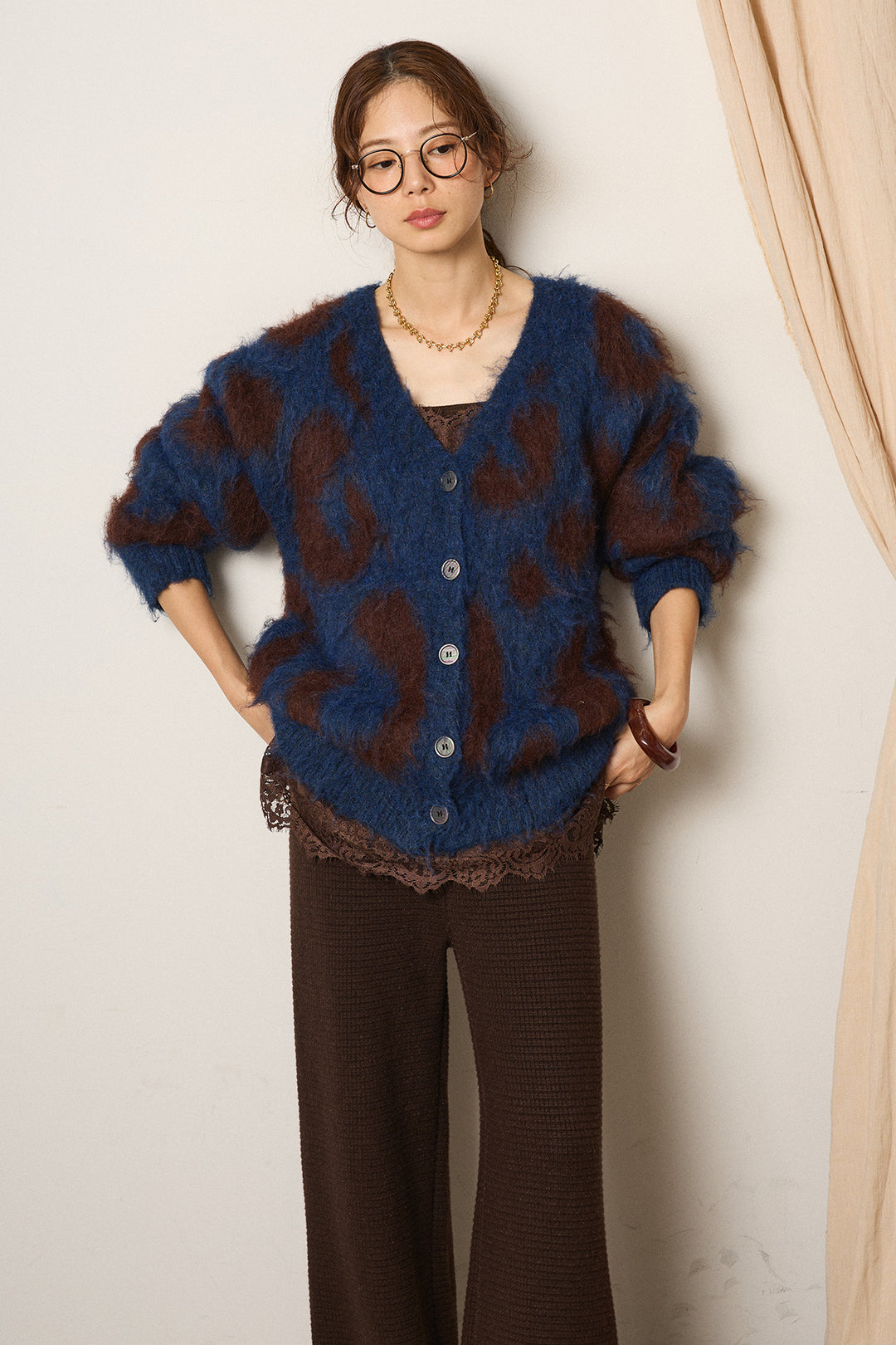 [SET]レオパードシャギータッチカーディガン+レースサテンキャミソール+ワイドリブニットイージーパンツ(3set)