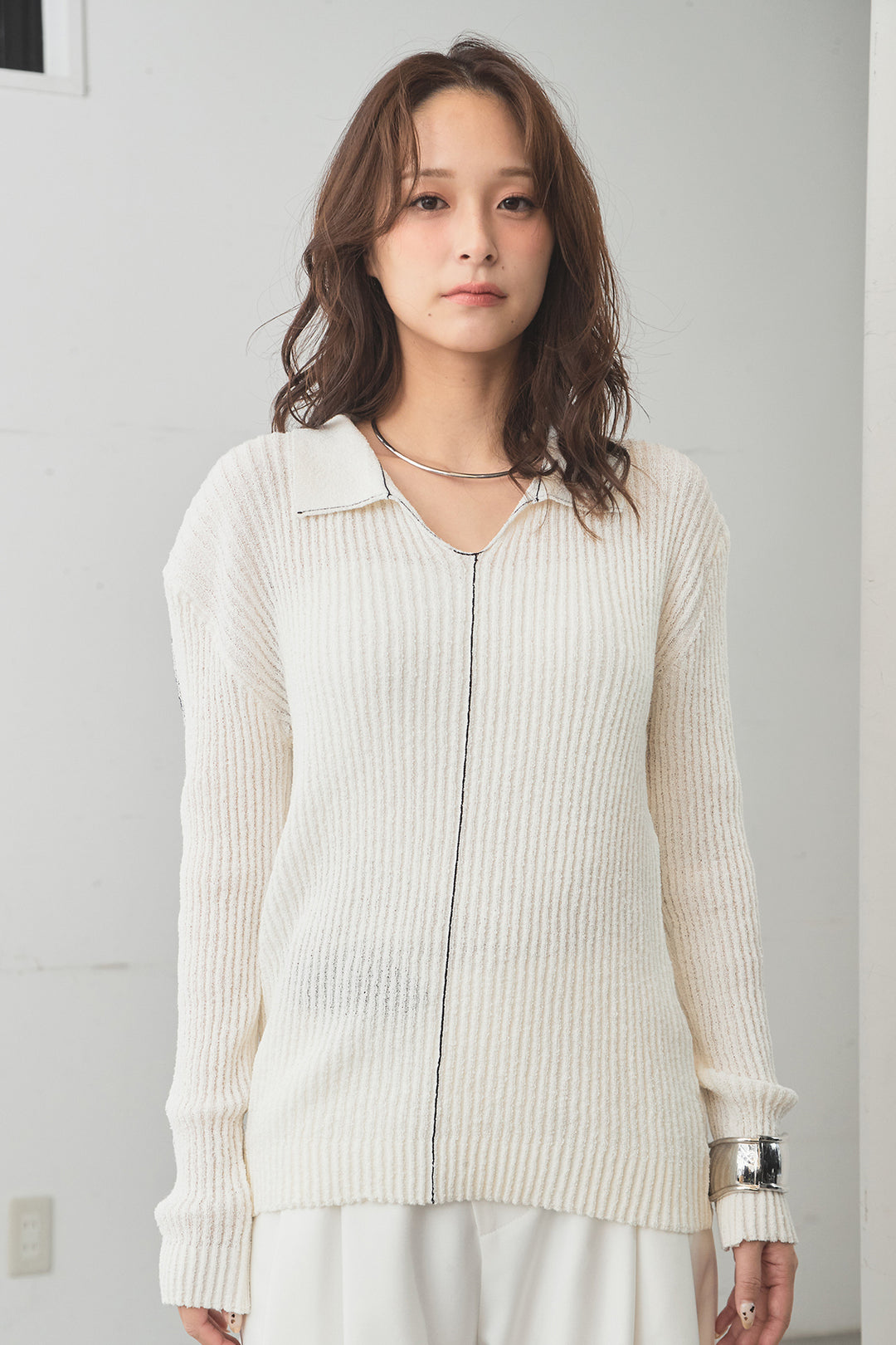 [SET]衿付きニットプルオーバー+サイドベルトタック入りスラックス(2set)