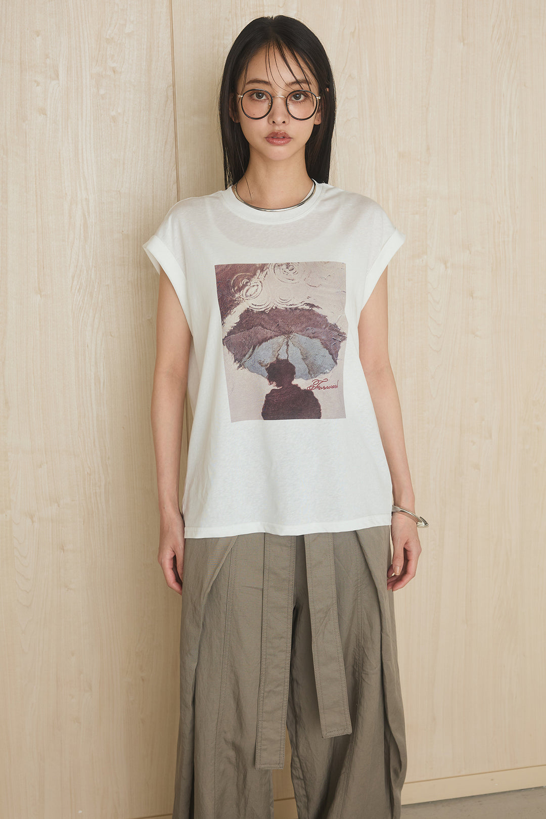 [SET]スクエアニュアンス柄Tシャツ+前結びタックワイドパンツ(2set)