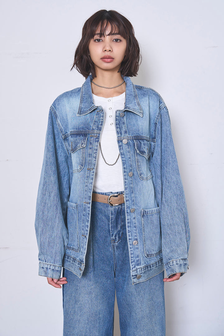 [SET]ケミカルデニムカバーオールジャケット+ベルトループワイドタックデニムパンツ+ヘンリーネックシアータンクトップ(3set)