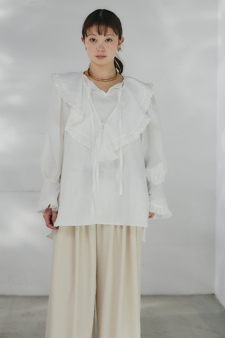 [SET]コットンフリルブラウス+ベルト付きタックデザインハイウエストロングパンツ(2set)