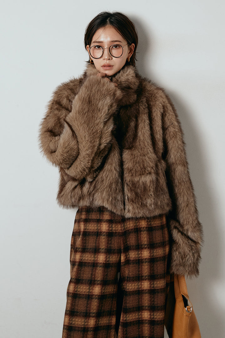 [SET]エコファーショート丈ブルゾン+ルーズタータンチェックワイドパンツ(2set)