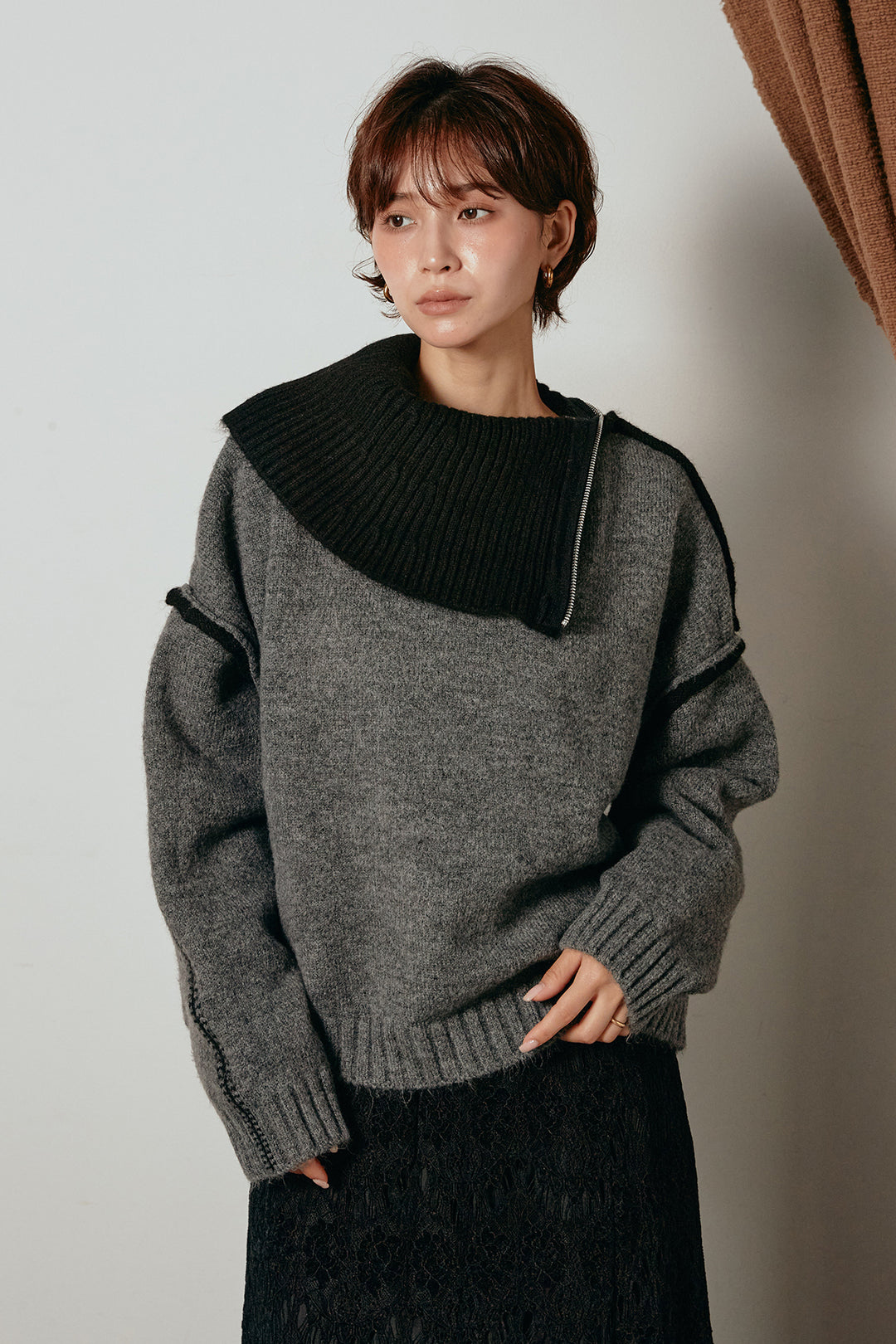 [SET]ハイネックジップデザインニットトップス+フロントタック入りコーデュロイパンツ(2set)