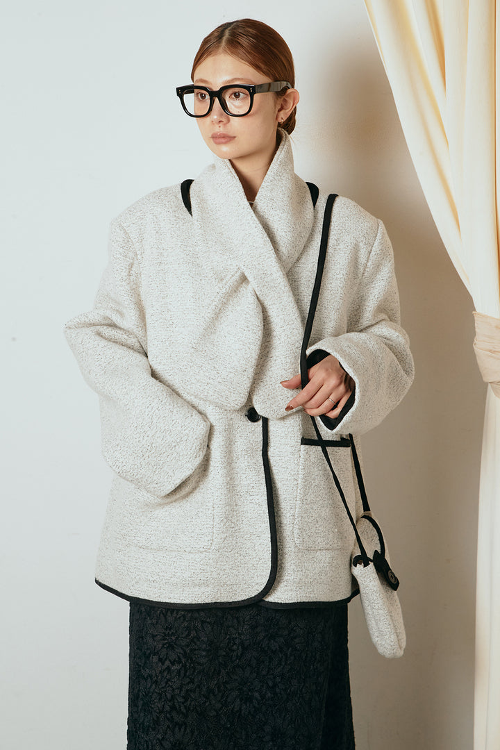 [SET]ノーカラーマフラーバッグ付きアウター+デニムロングフレアスカート(2set)