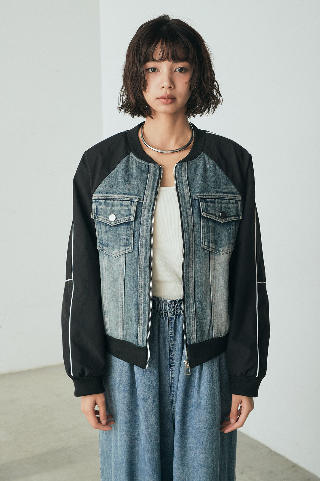 [SET]ナイロンデニムドッキングブルゾン+テンセルデニムイージーワイドパンツ(2set)