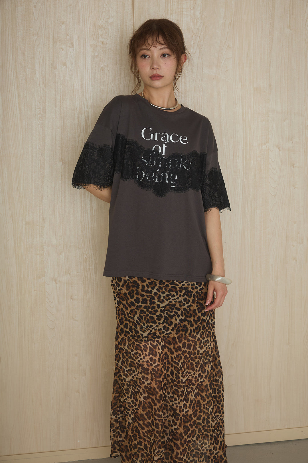 [SET]レースロゴプリントTシャツ+レオパード柄スカート(2set)
